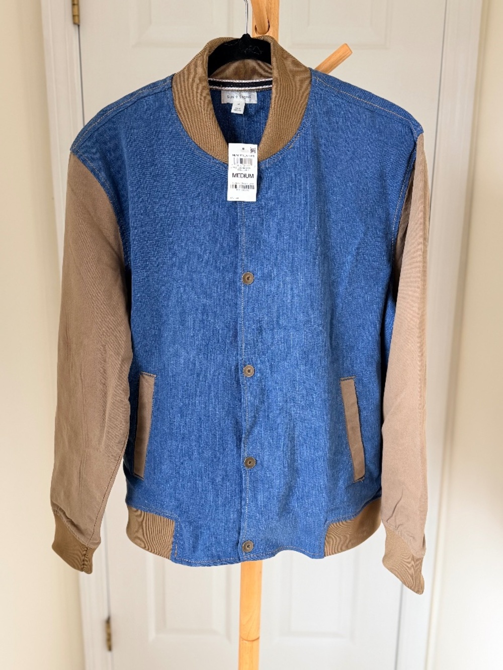 Sun + Stone Men’s Denim Bomber Jacket Medium NWT Blue Tan Varsity Style